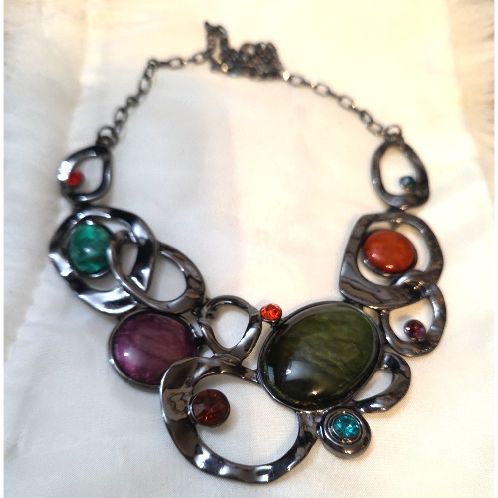Vintage Gun Metal ‎ Statement Bib 17.5" Necklace Multi Color Glass Faux Stone